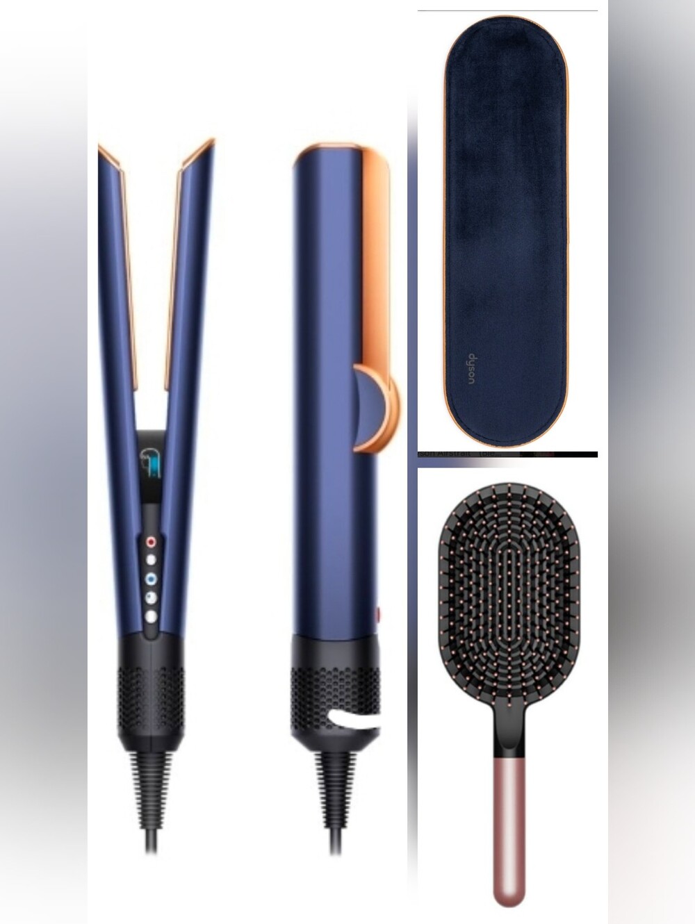 Dyson Airstrait Lot - Blue & Copper Hair Dryer/Straightener w. Brush & Heat Mat